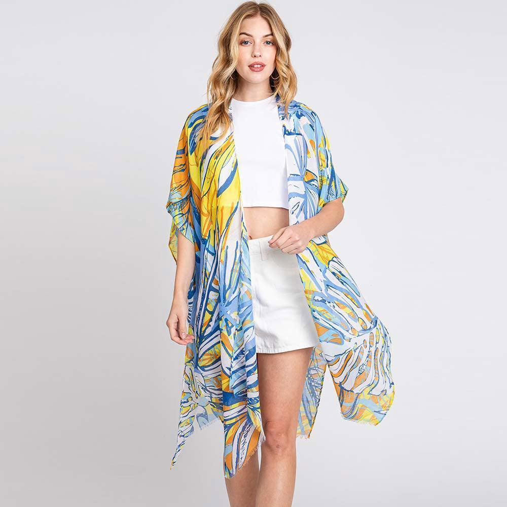 Blue Hand Drawn Tropical Leaves Kimono Poncho - Jewelry Store by Erik Rayo