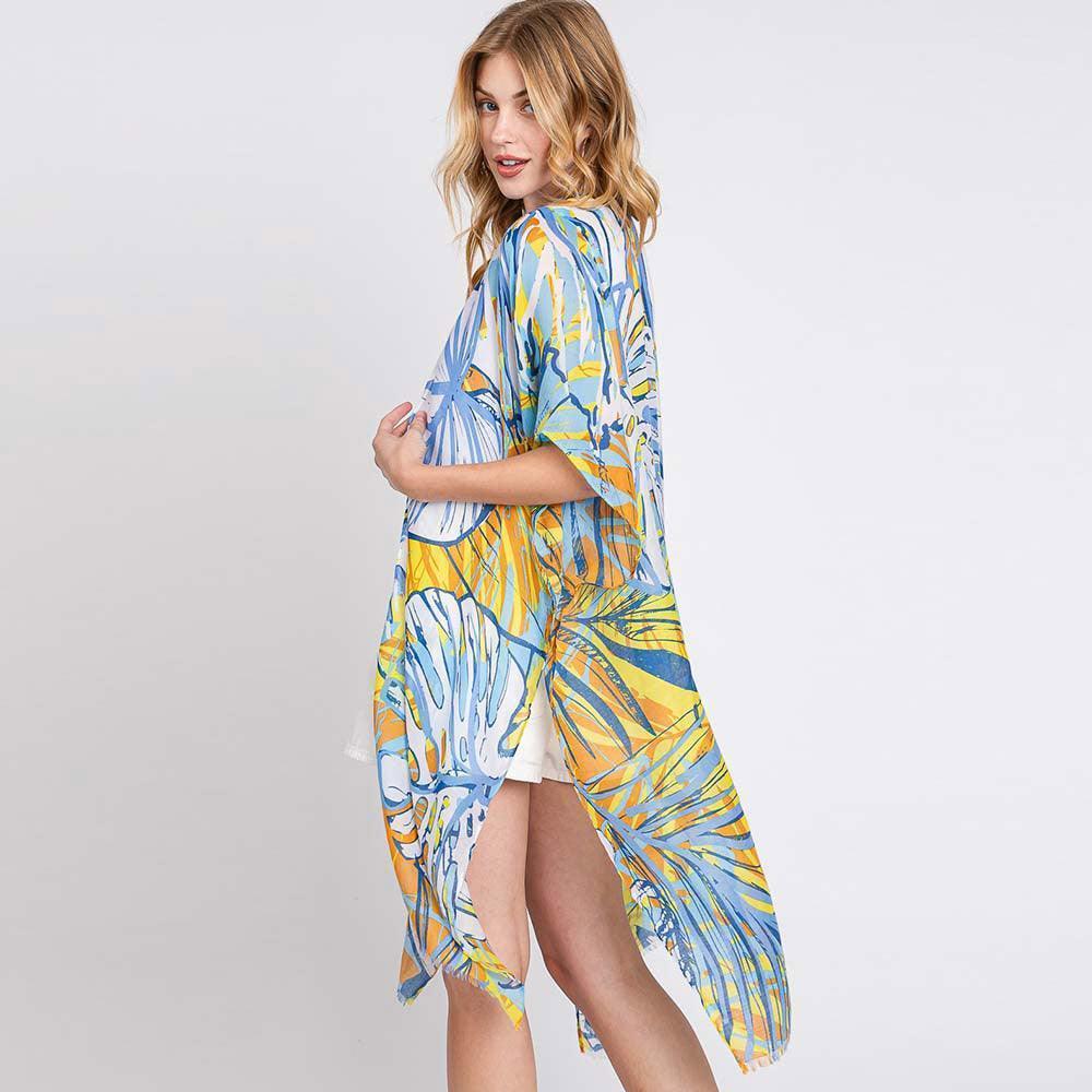 Blue Hand Drawn Tropical Leaves Kimono Poncho - Jewelry Store by Erik Rayo