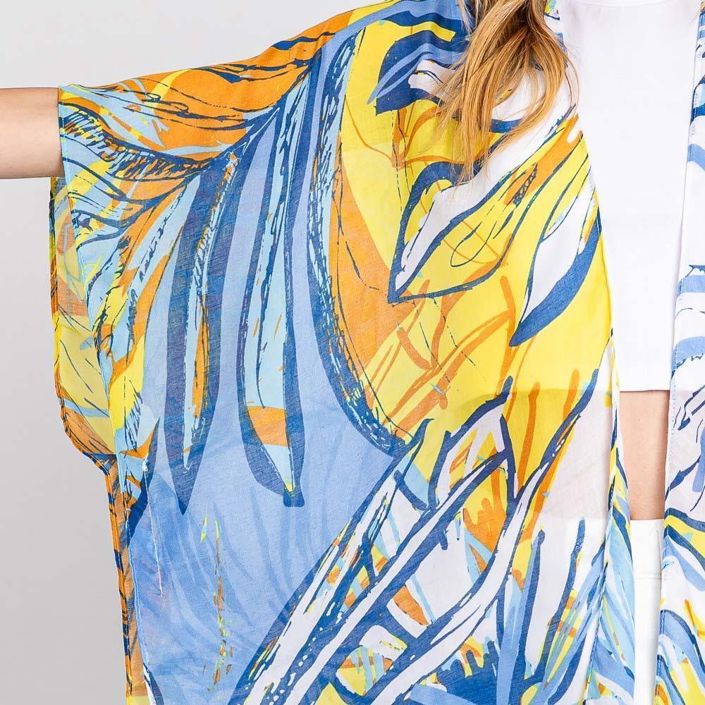 Blue Hand Drawn Tropical Leaves Kimono Poncho - Jewelry Store by Erik Rayo