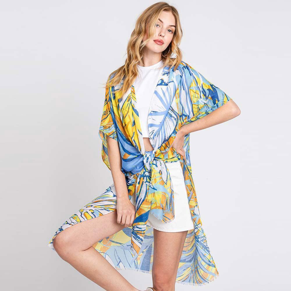 Blue Hand Drawn Tropical Leaves Kimono Poncho - Jewelry Store by Erik Rayo