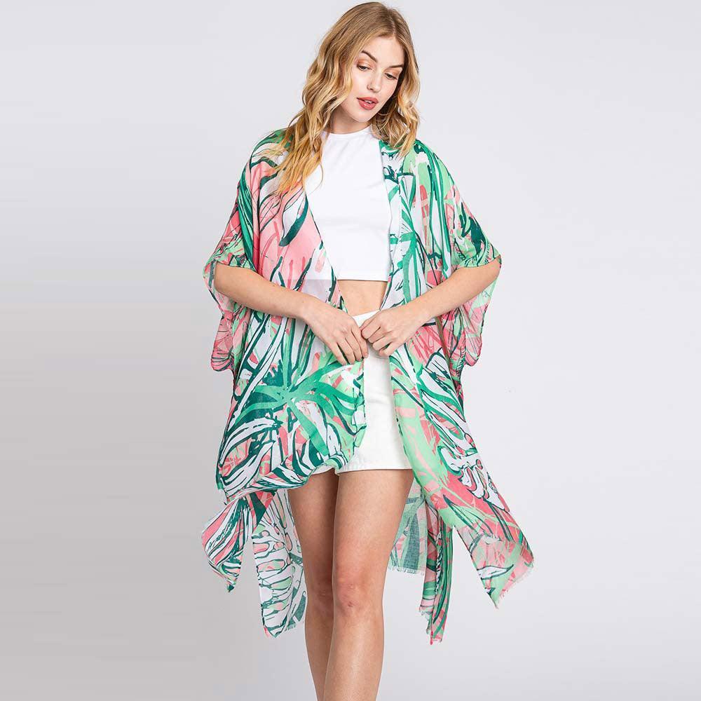 Green Hand Drawn Tropical Leaves Kimono Poncho - Jewelry Store by Erik Rayo