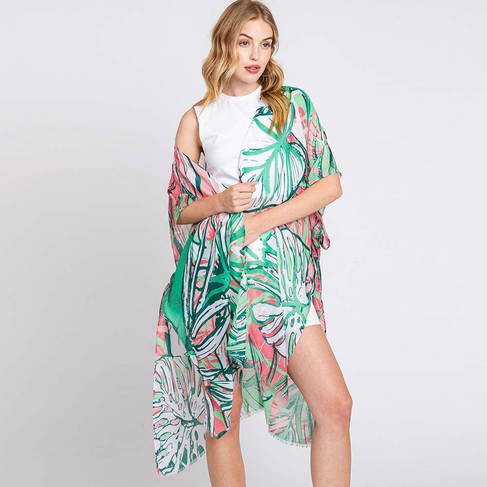Green Hand Drawn Tropical Leaves Kimono Poncho - Jewelry Store by Erik Rayo