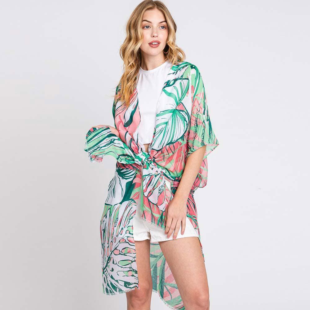 Green Hand Drawn Tropical Leaves Kimono Poncho - Jewelry Store by Erik Rayo