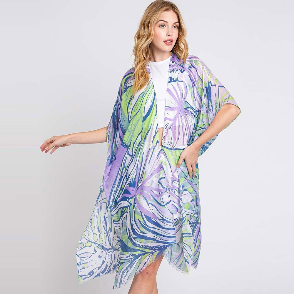 Purple Hand Drawn Tropical Leaves Kimono Poncho - Jewelry Store by Erik Rayo