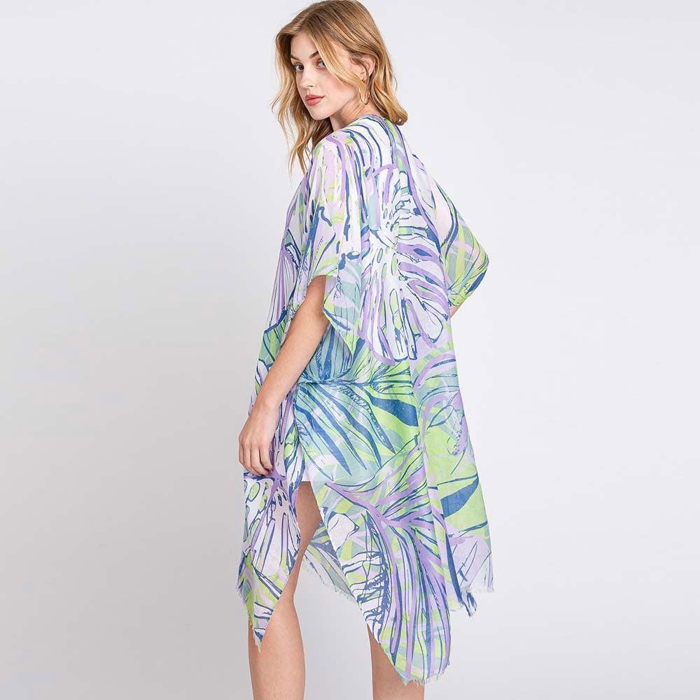 Purple Hand Drawn Tropical Leaves Kimono Poncho - Jewelry Store by Erik Rayo
