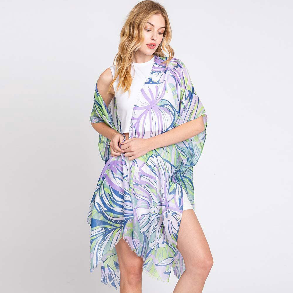 Purple Hand Drawn Tropical Leaves Kimono Poncho - Jewelry Store by Erik Rayo