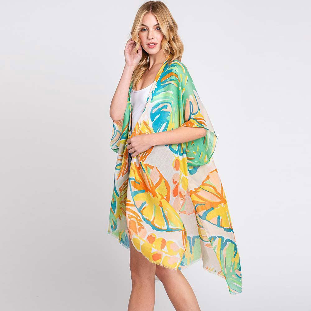 Green Hand Drawn Tropical Leaves Kimono Poncho - Jewelry Store by Erik Rayo