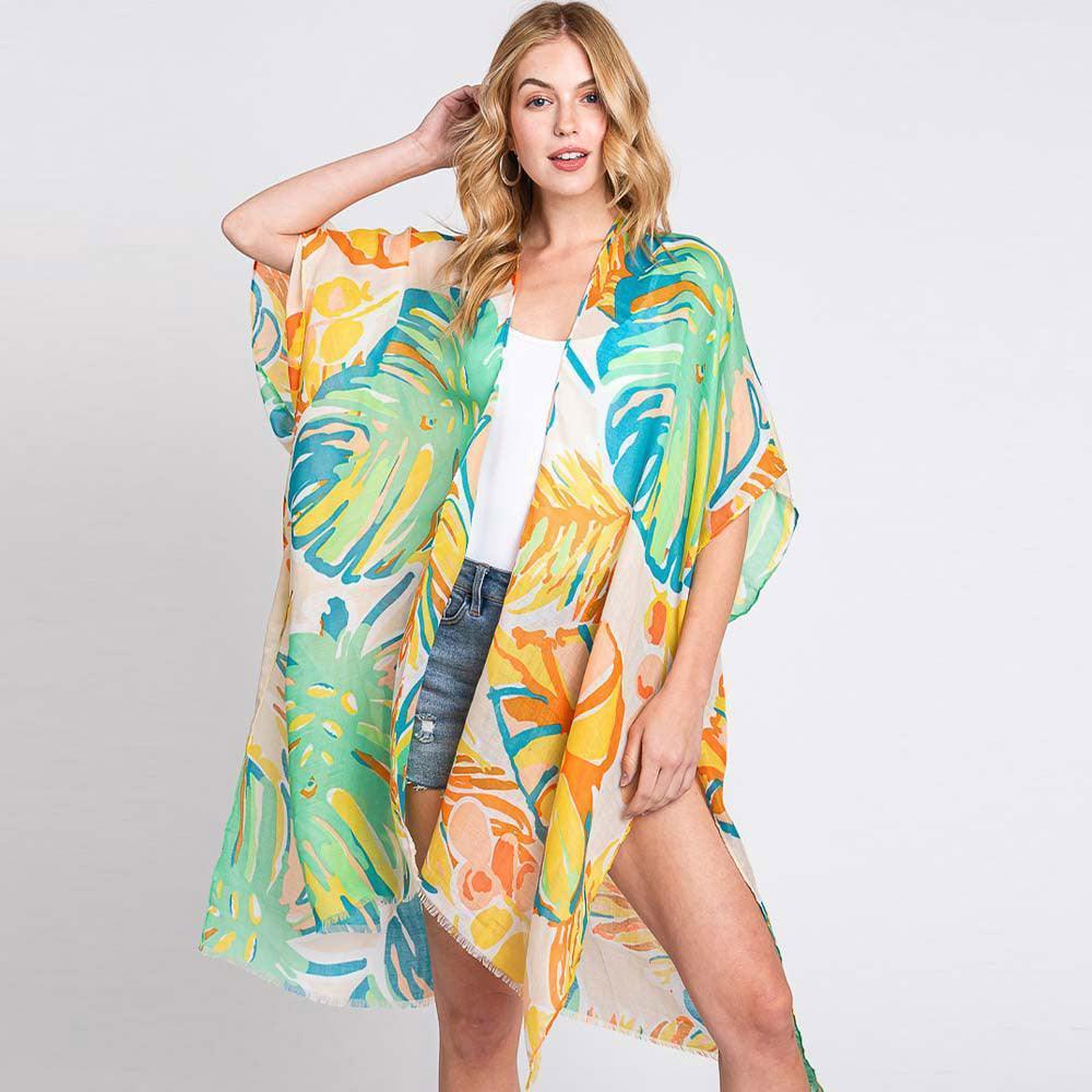 Green Hand Drawn Tropical Leaves Kimono Poncho - Jewelry Store by Erik Rayo