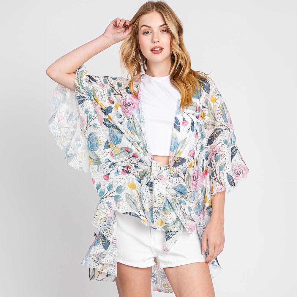 White Ruffle Lined Flower Print Open Front Crochet Cover-Up Kimono Poncho - Jewelry Store by Erik Rayo