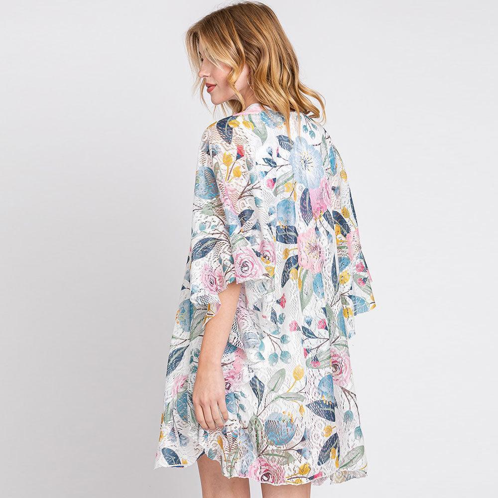 White Ruffle Lined Flower Print Open Front Crochet Cover-Up Kimono Poncho - Jewelry Store by Erik Rayo