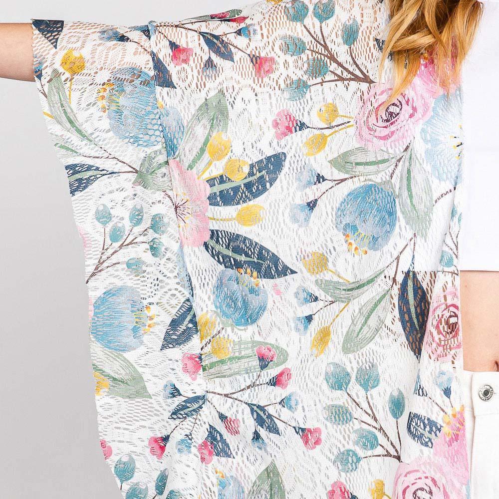 White Ruffle Lined Flower Print Open Front Crochet Cover-Up Kimono Poncho - Jewelry Store by Erik Rayo