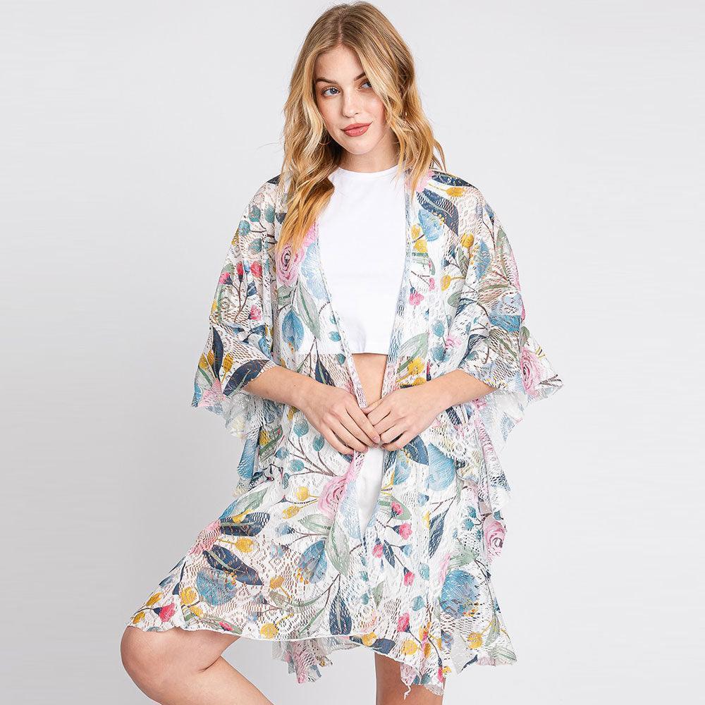 White Ruffle Lined Flower Print Open Front Crochet Cover-Up Kimono Poncho - Jewelry Store by Erik Rayo