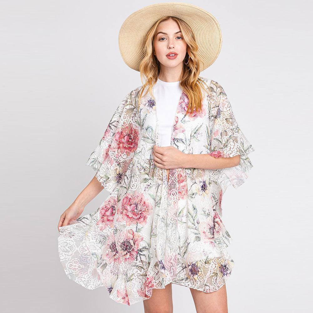 White Ruffle Lined Flower Print Open Front Crochet Cover-Up Kimono Poncho - Jewelry Store by Erik Rayo
