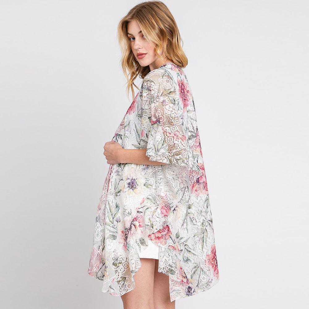 White Ruffle Lined Flower Print Open Front Crochet Cover-Up Kimono Poncho - Jewelry Store by Erik Rayo