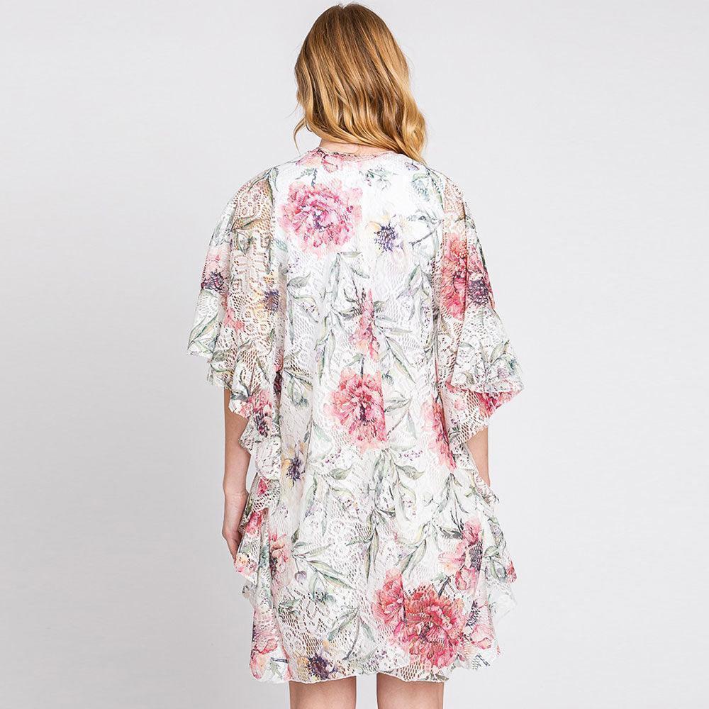 White Ruffle Lined Flower Print Open Front Crochet Cover-Up Kimono Poncho - Jewelry Store by Erik Rayo