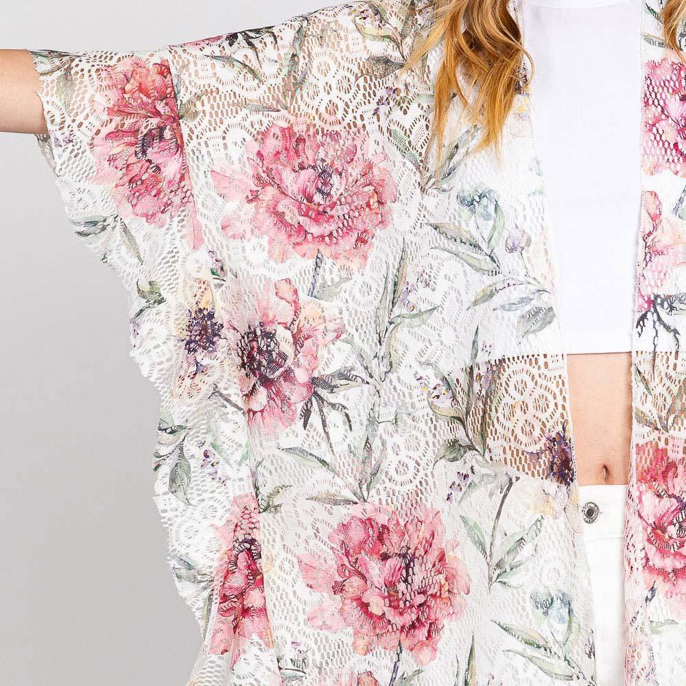 White Ruffle Lined Flower Print Open Front Crochet Cover-Up Kimono Poncho - Jewelry Store by Erik Rayo
