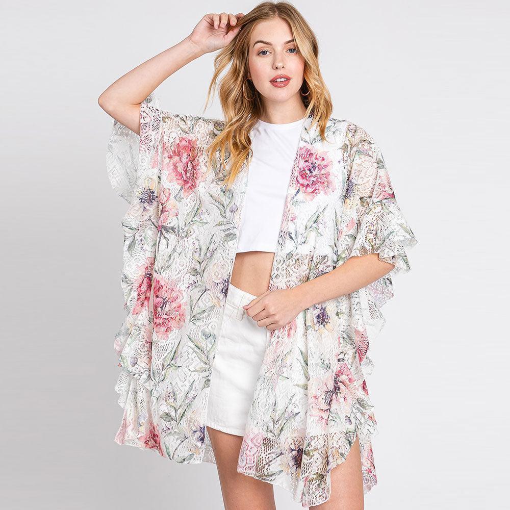 White Ruffle Lined Flower Print Open Front Crochet Cover-Up Kimono Poncho - Jewelry Store by Erik Rayo