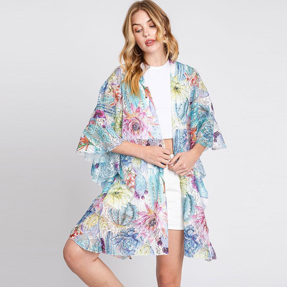 White Ruffle Lined Flower Print Open Front Crochet Cover-Up Kimono Poncho - Jewelry Store by Erik Rayo