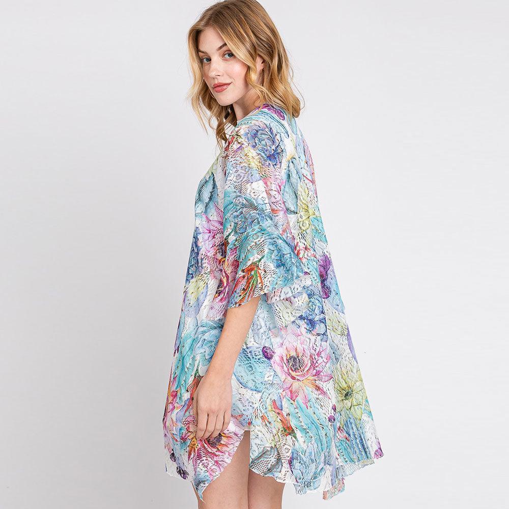 White Ruffle Lined Flower Print Open Front Crochet Cover-Up Kimono Poncho - Jewelry Store by Erik Rayo