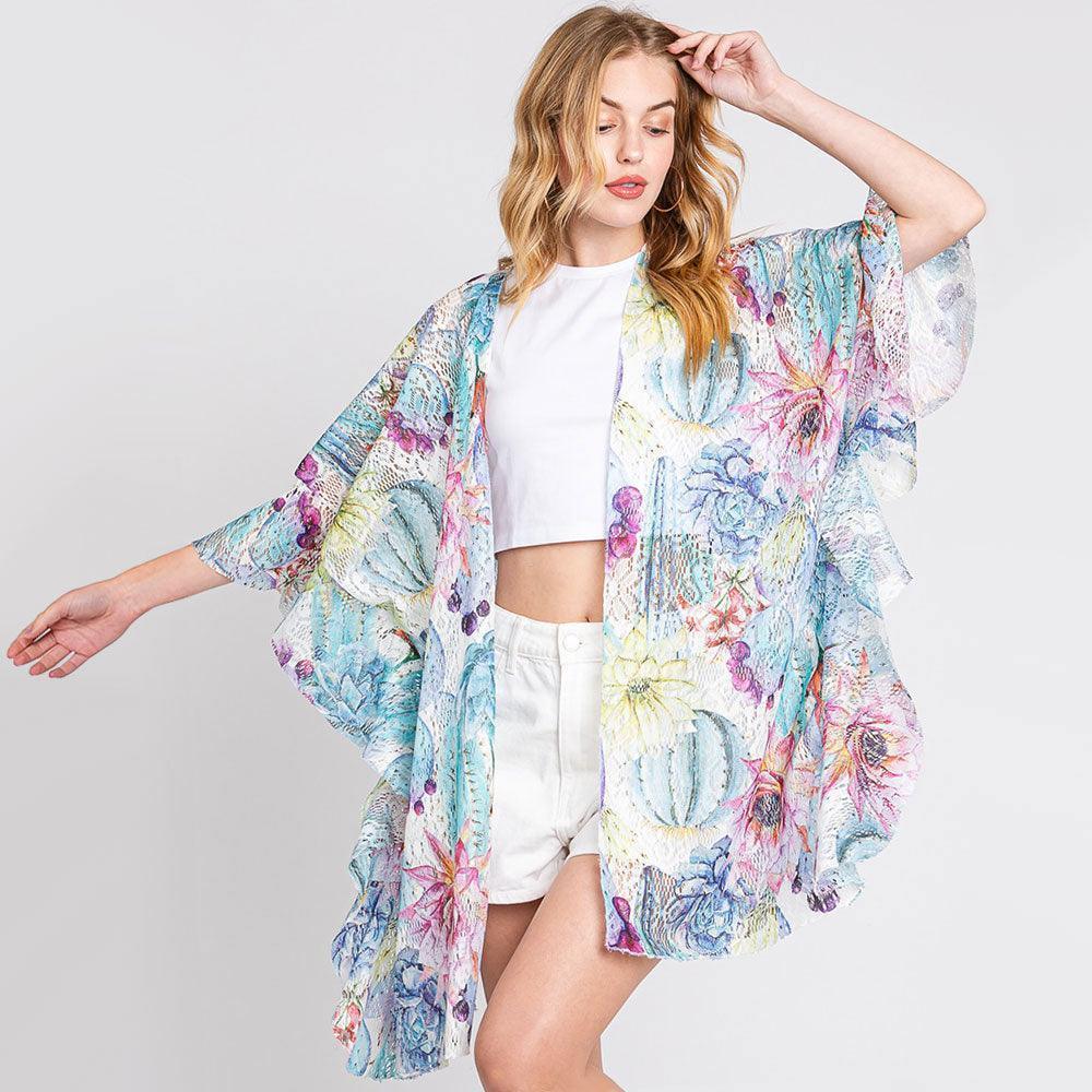 White Ruffle Lined Flower Print Open Front Crochet Cover-Up Kimono Poncho - Jewelry Store by Erik Rayo