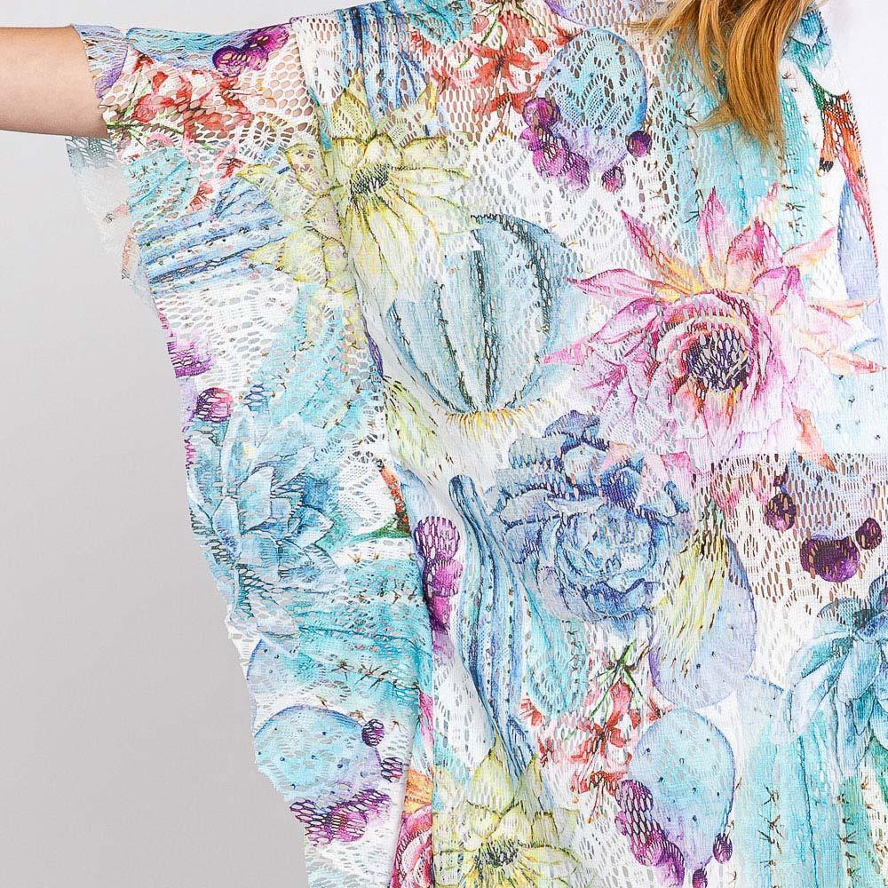 White Ruffle Lined Flower Print Open Front Crochet Cover-Up Kimono Poncho - Jewelry Store by Erik Rayo