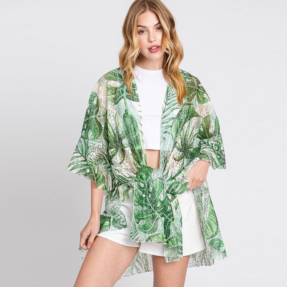 Green Ruffle Lined Leaves Printed Open Front Crochet Cover-Up Kimono Poncho - Jewelry Store by Erik Rayo