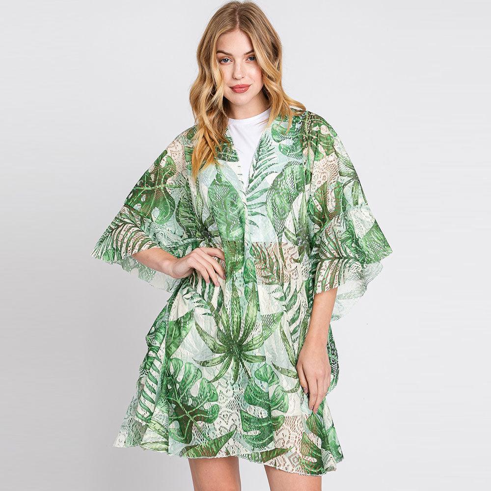 Green Ruffle Lined Leaves Printed Open Front Crochet Cover-Up Kimono Poncho - Jewelry Store by Erik Rayo