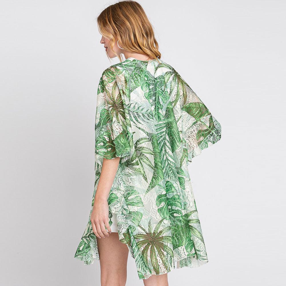 Green Ruffle Lined Leaves Printed Open Front Crochet Cover-Up Kimono Poncho - Jewelry Store by Erik Rayo