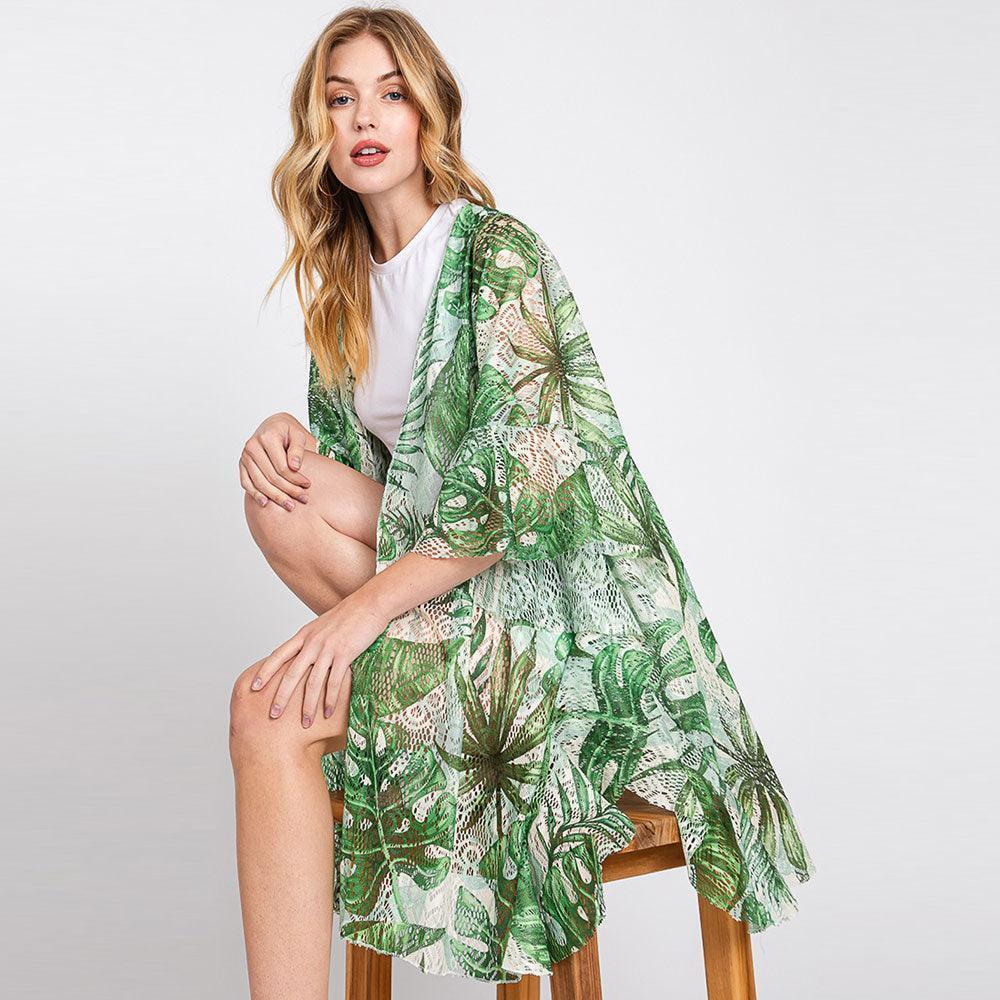 Green Ruffle Lined Leaves Printed Open Front Crochet Cover-Up Kimono Poncho - Jewelry Store by Erik Rayo