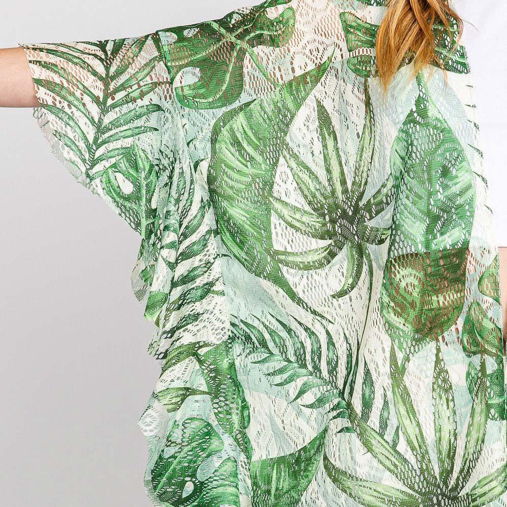 Green Ruffle Lined Leaves Printed Open Front Crochet Cover-Up Kimono Poncho - Jewelry Store by Erik Rayo
