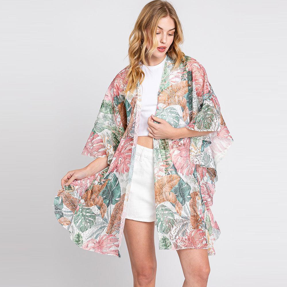 Pink Ruffle Lined Leaves Printed Open Front Crochet Cover-Up Kimono Poncho - Jewelry Store by Erik Rayo