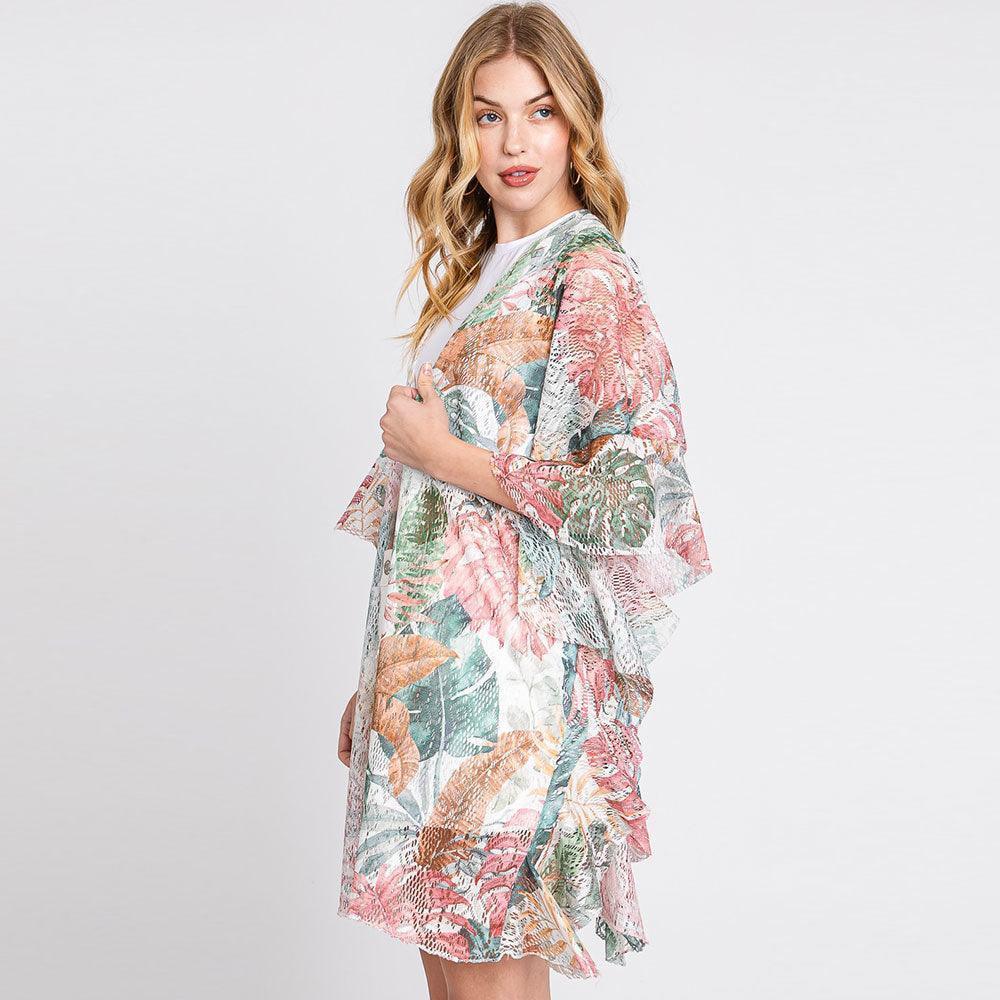 Pink Ruffle Lined Leaves Printed Open Front Crochet Cover-Up Kimono Poncho - Jewelry Store by Erik Rayo