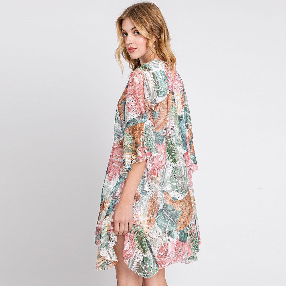 Pink Ruffle Lined Leaves Printed Open Front Crochet Cover-Up Kimono Poncho - Jewelry Store by Erik Rayo
