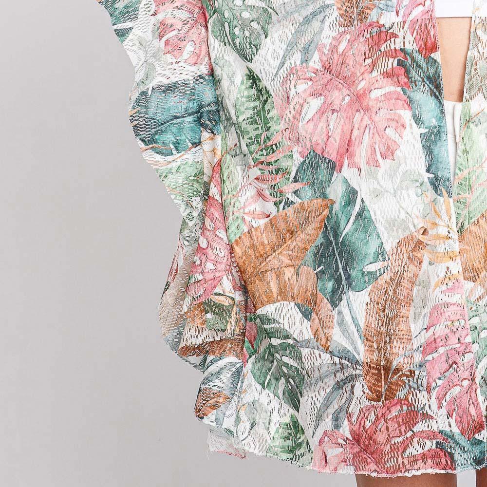 Pink Ruffle Lined Leaves Printed Open Front Crochet Cover-Up Kimono Poncho - Jewelry Store by Erik Rayo