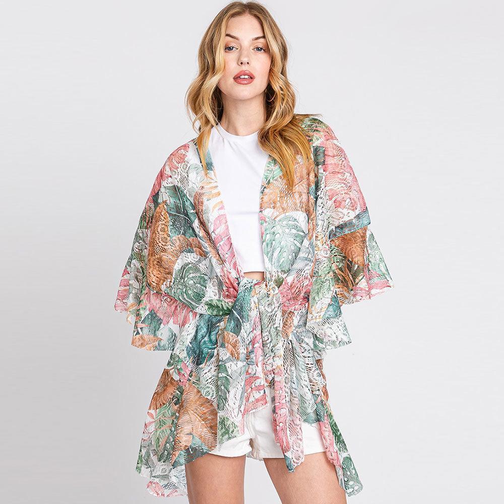 Pink Ruffle Lined Leaves Printed Open Front Crochet Cover-Up Kimono Poncho - Jewelry Store by Erik Rayo