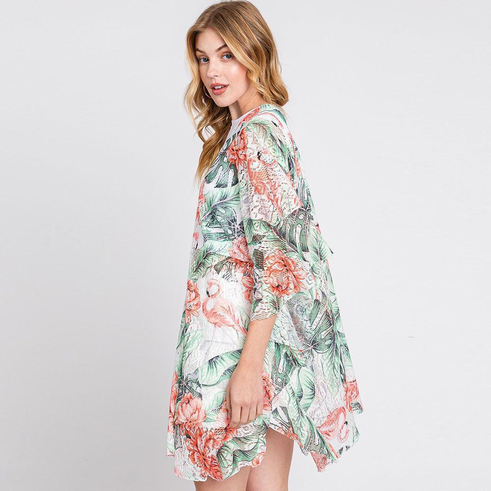 Pink Ruffle Lined Flower Leaves Printed Open Front Crochet Cover-Up Kimono Poncho - Jewelry Store by Erik Rayo