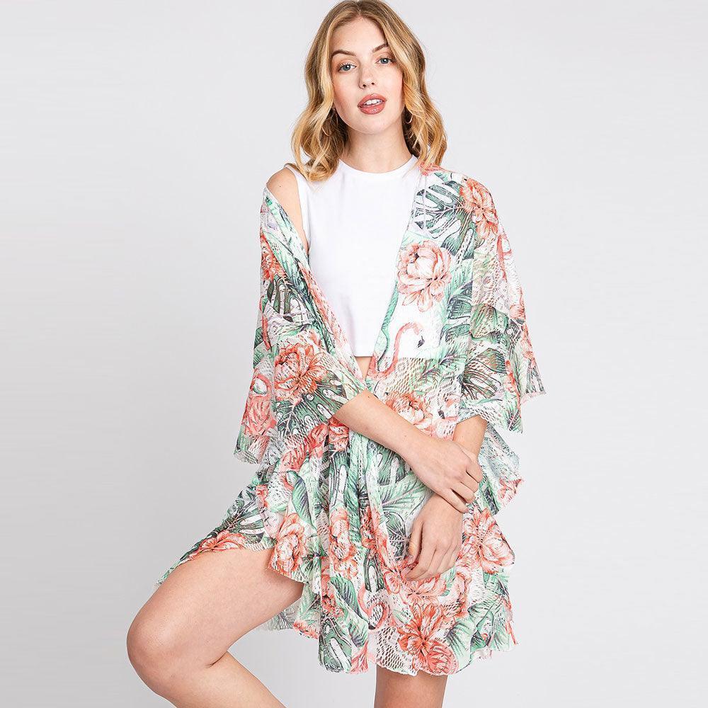 Pink Ruffle Lined Flower Leaves Printed Open Front Crochet Cover-Up Kimono Poncho - Jewelry Store by Erik Rayo