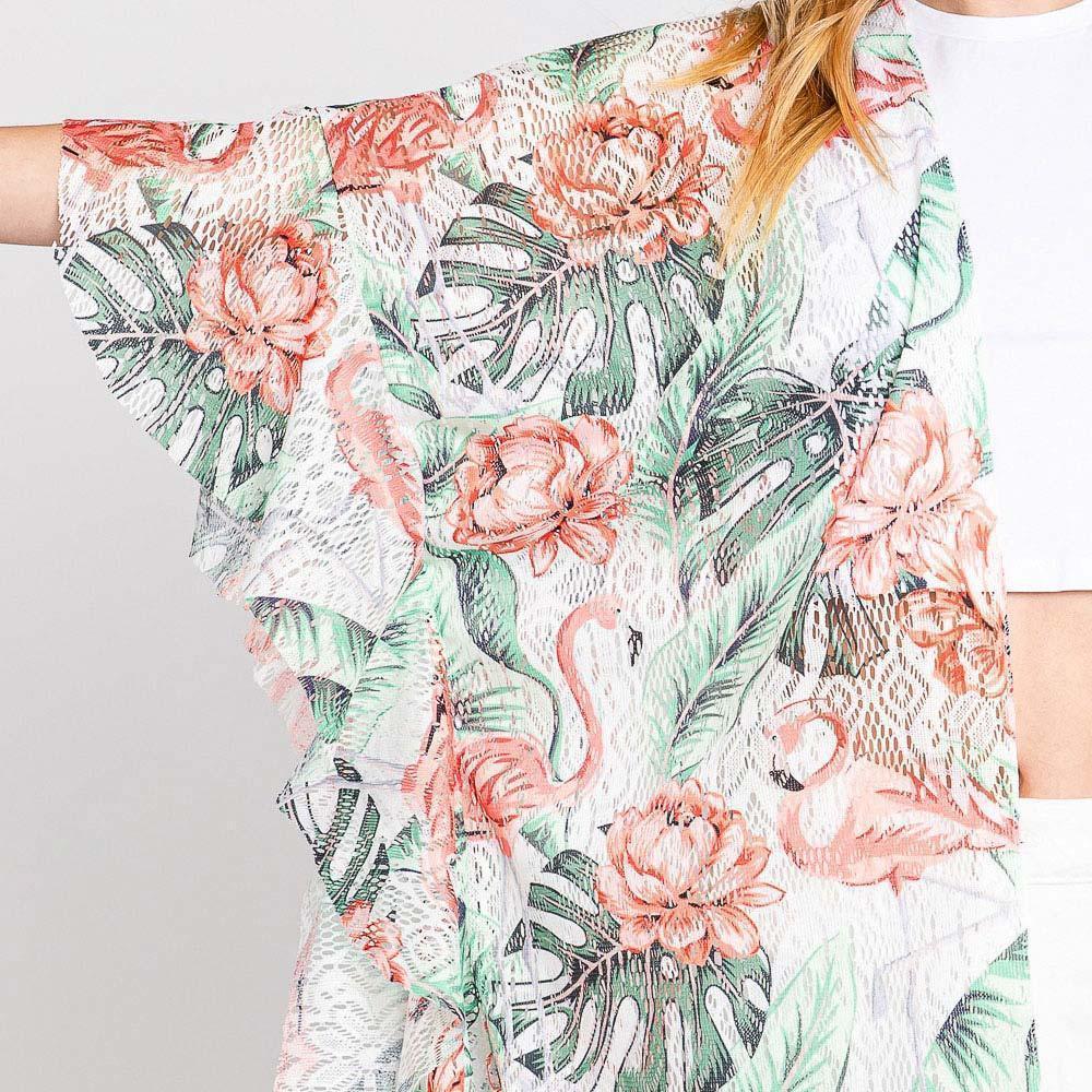 Pink Ruffle Lined Flower Leaves Printed Open Front Crochet Cover-Up Kimono Poncho - Jewelry Store by Erik Rayo