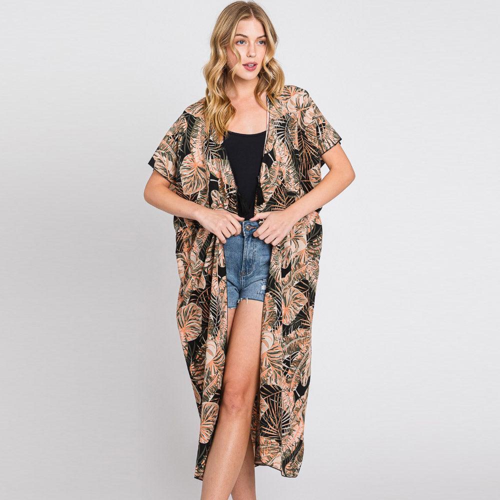 Black Tropical Leaves Print Self-tie Drawstring Open Front Cover Up Kimono Poncho - Jewelry Store by Erik Rayo