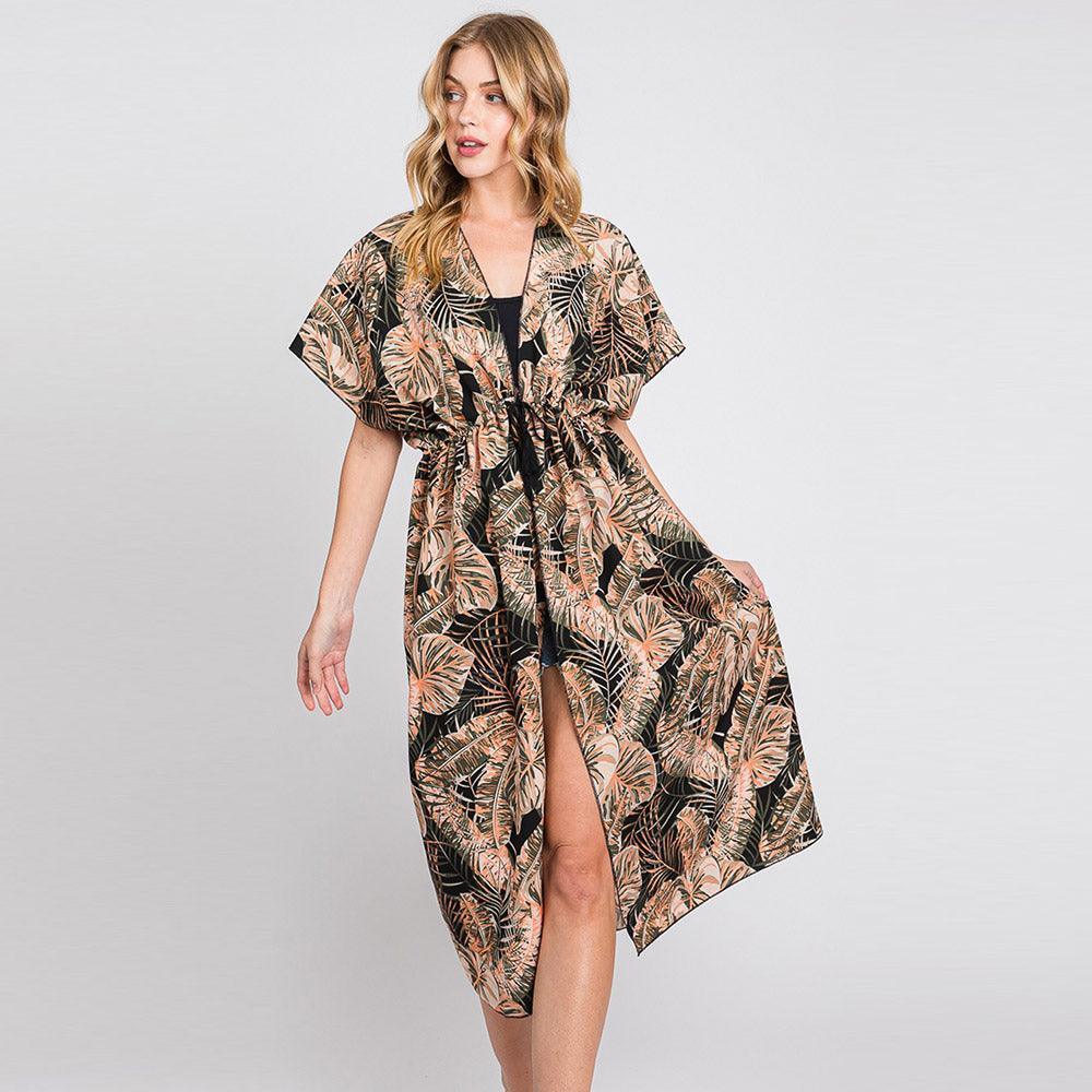 Black Tropical Leaves Print Self-tie Drawstring Open Front Cover Up Kimono Poncho - Jewelry Store by Erik Rayo