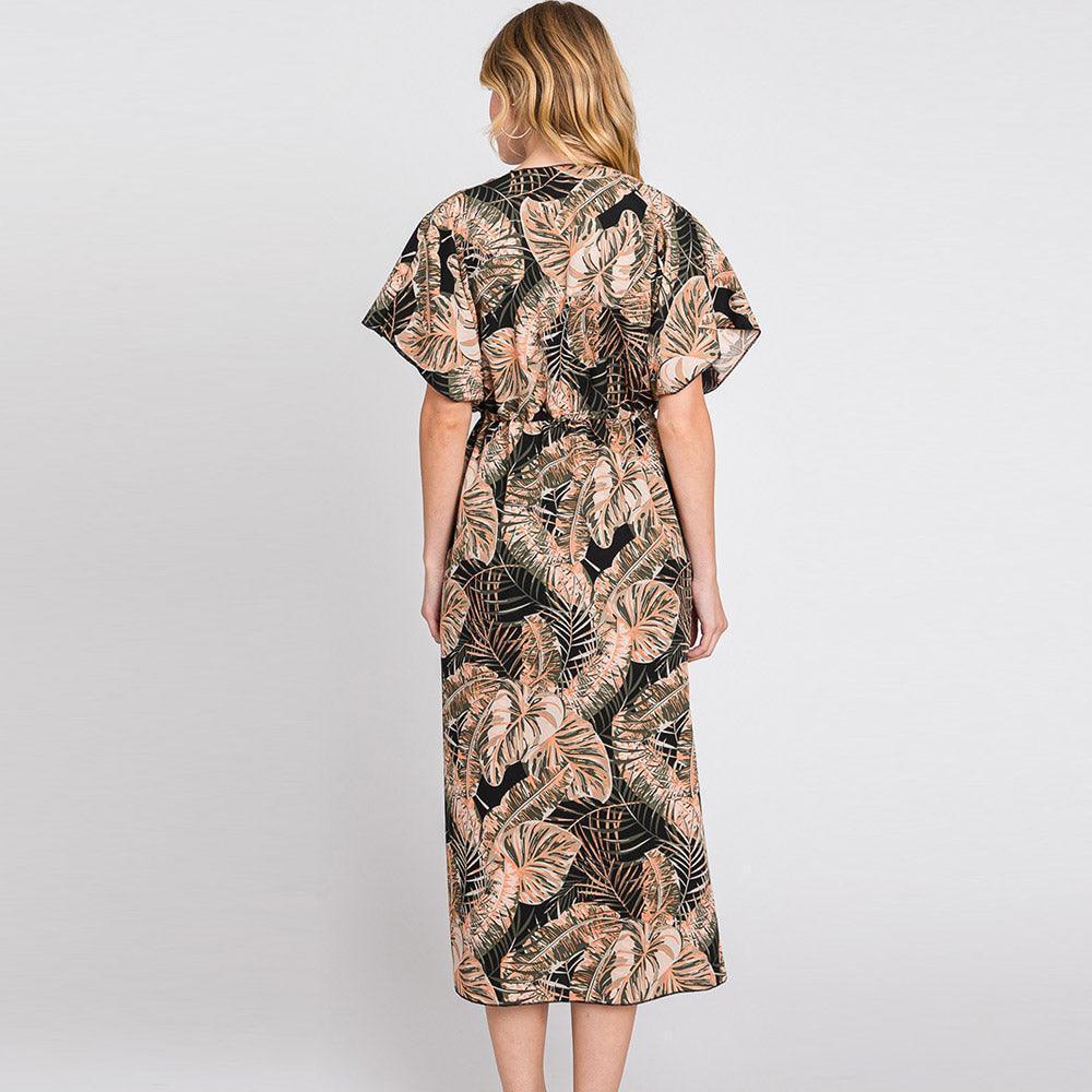 Black Tropical Leaves Print Self-tie Drawstring Open Front Cover Up Kimono Poncho - Jewelry Store by Erik Rayo