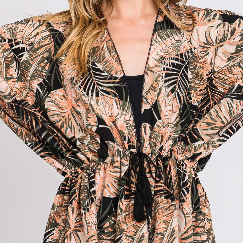 Black Tropical Leaves Print Self-tie Drawstring Open Front Cover Up Kimono Poncho - Jewelry Store by Erik Rayo
