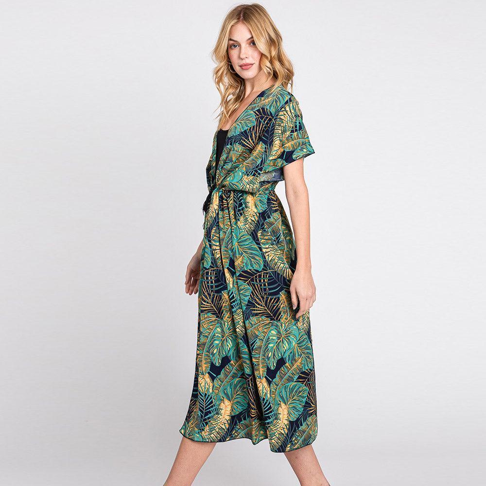 Navy Tropical Leaves Print Self-tie Drawstring Open Front Cover Up Kimono Poncho - Jewelry Store by Erik Rayo