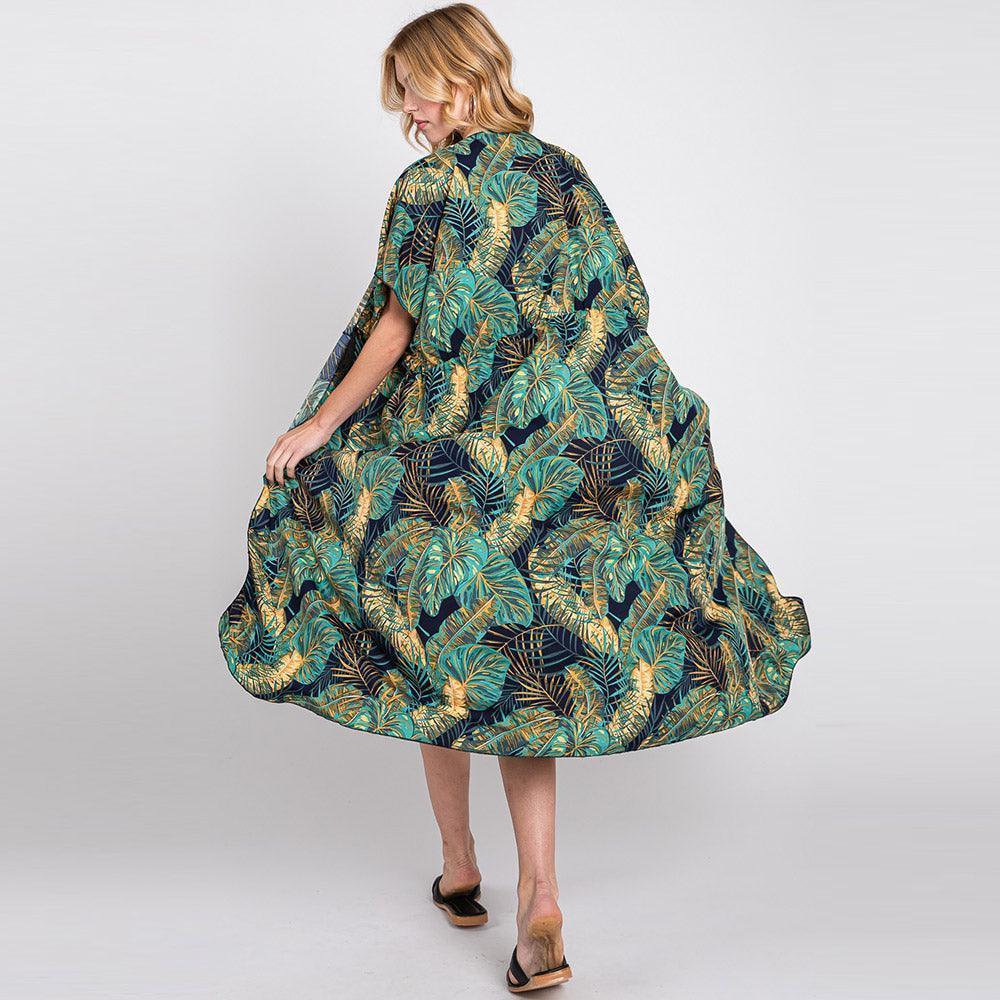 Navy Tropical Leaves Print Self-tie Drawstring Open Front Cover Up Kimono Poncho - Jewelry Store by Erik Rayo