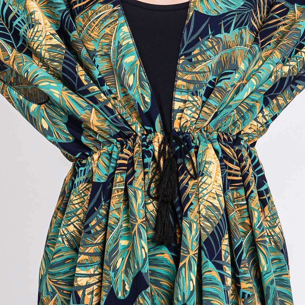 Navy Tropical Leaves Print Self-tie Drawstring Open Front Cover Up Kimono Poncho - Jewelry Store by Erik Rayo