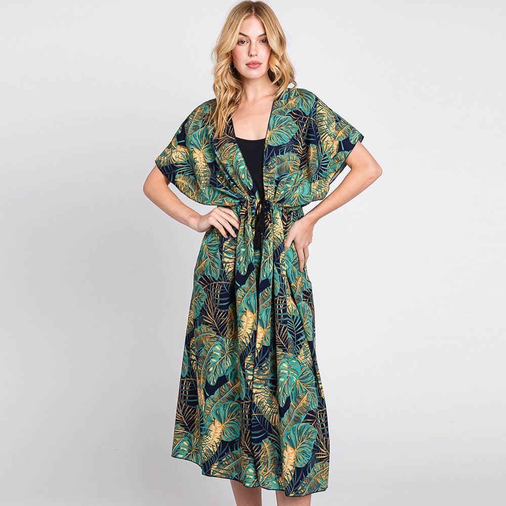 Navy Tropical Leaves Print Self-tie Drawstring Open Front Cover Up Kimono Poncho - Jewelry Store by Erik Rayo