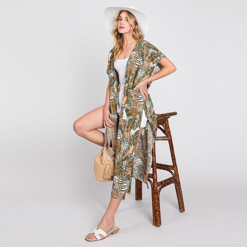 White Tropical Leaves Print Self-tie Drawstring Open Front Cover Up Kimono Poncho - Jewelry Store by Erik Rayo