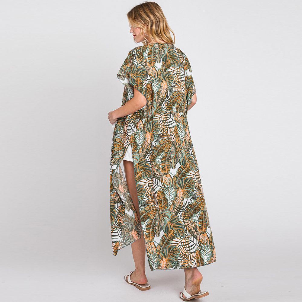 White Tropical Leaves Print Self-tie Drawstring Open Front Cover Up Kimono Poncho - Jewelry Store by Erik Rayo