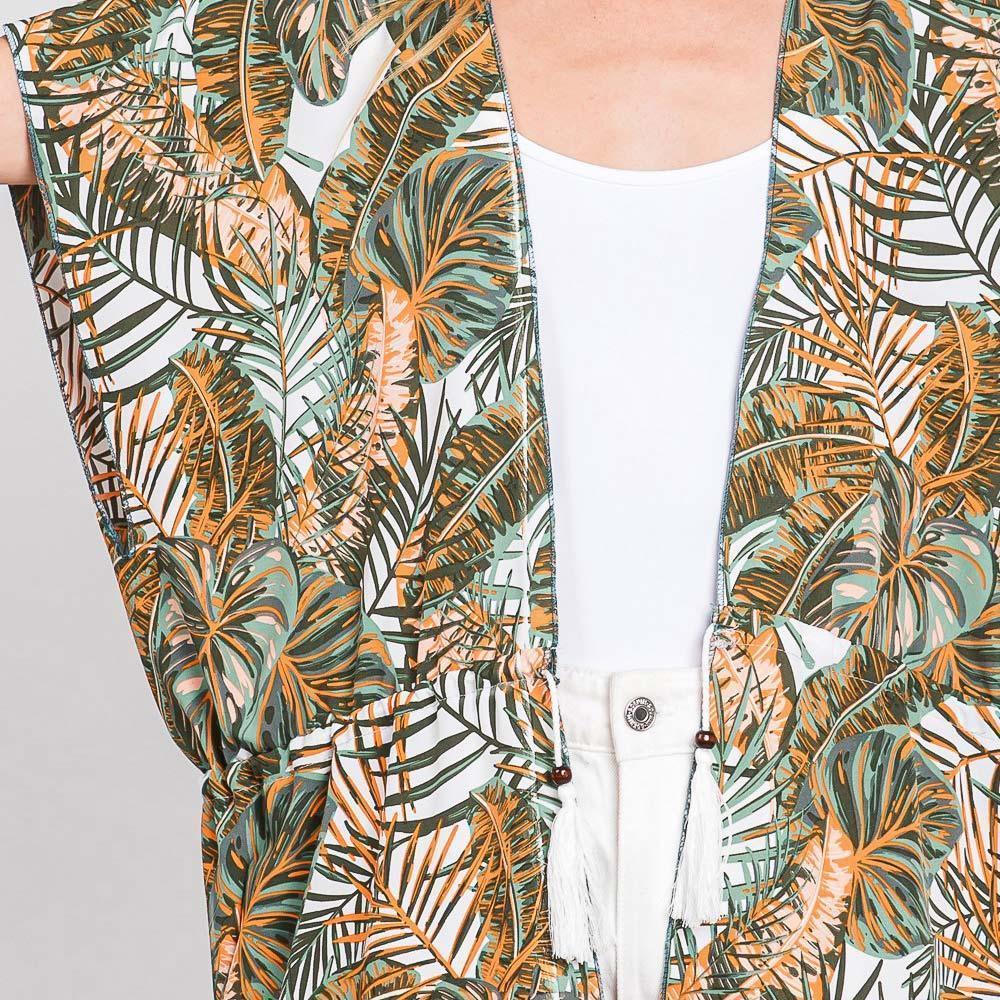 White Tropical Leaves Print Self-tie Drawstring Open Front Cover Up Kimono Poncho - Jewelry Store by Erik Rayo