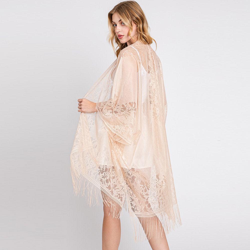 Beige Floral Lace Kimono With Tassel Poncho - Jewelry Store by Erik Rayo